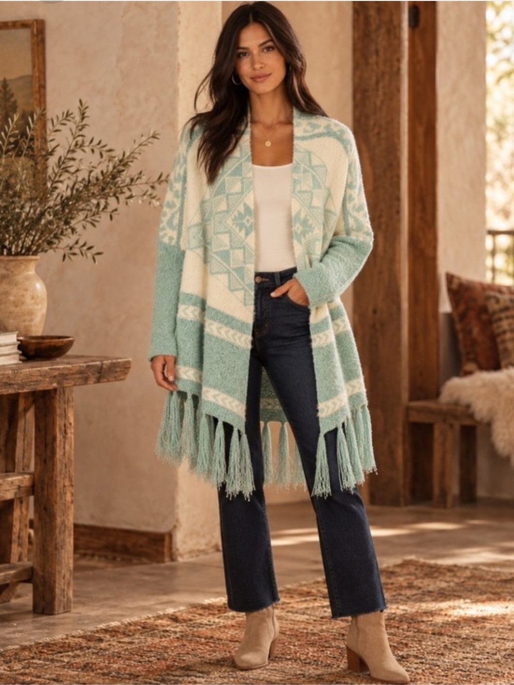 Ivory and Mint Oversized Fringe Open-Front Geometric Sweater Cardigan